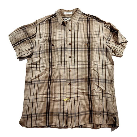 Orvis‎ Tan Plaid Linen Blend Shirt Mens Large Short Sleeve - Picture 1 of 4